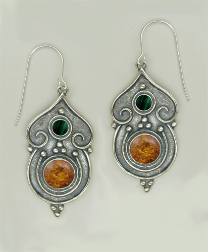 Sterling Silver Gothic Inspired Drop Dangle Earrings With Amber